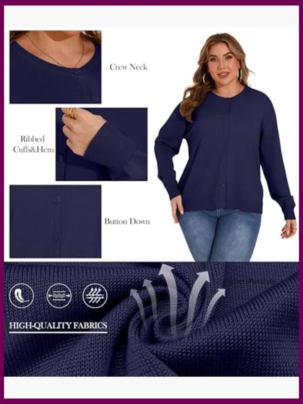 Plus Size Lightweight Knit Crewneck Cardigan with Button Front Long Sleeve - Picture 4 of 7